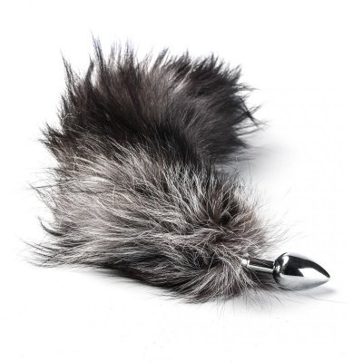 Korek Analny Stalowy Srebrny Rozmiar S Lisi Ogonek Czarny