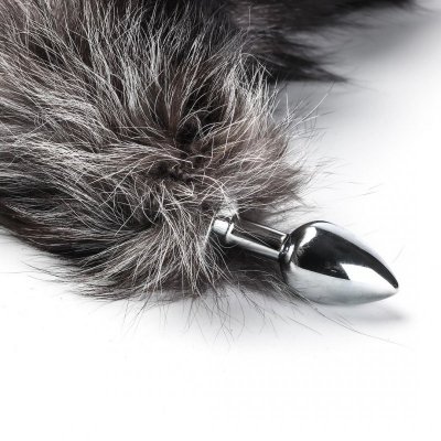 Korek Analny Stalowy Srebrny Rozmiar S Lisi Ogonek Czarny