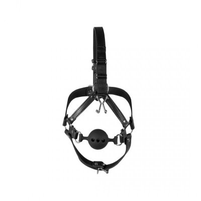 Head Harness with Breathable Ball Gag and Nose Hooks - Black