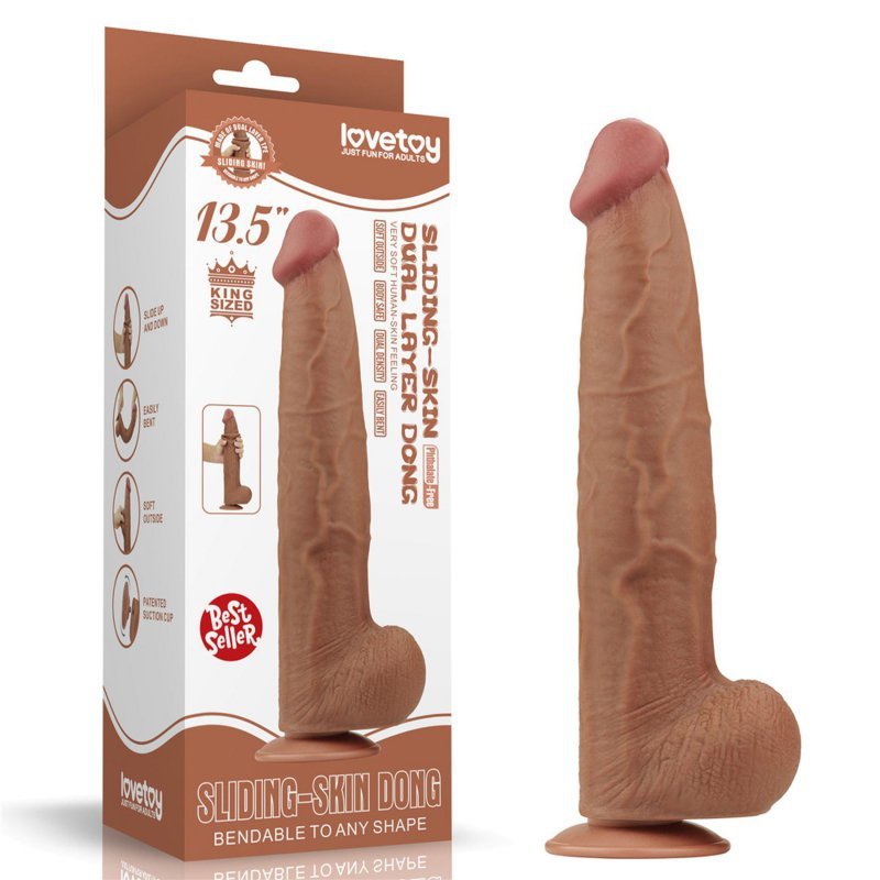 Dildo King size z ruchomą skórą Dual Layer Dong Brown 34cm