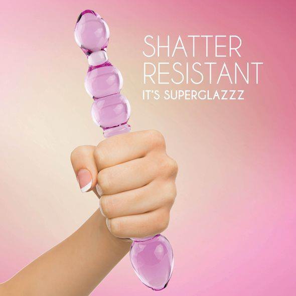 Szklane dwustronne dildo z grzbietami lesbijskie różowe 22 cm