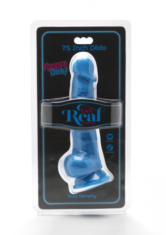 Niebieskie zakrzywione dildo z jądrami na przyssawce 19 cm