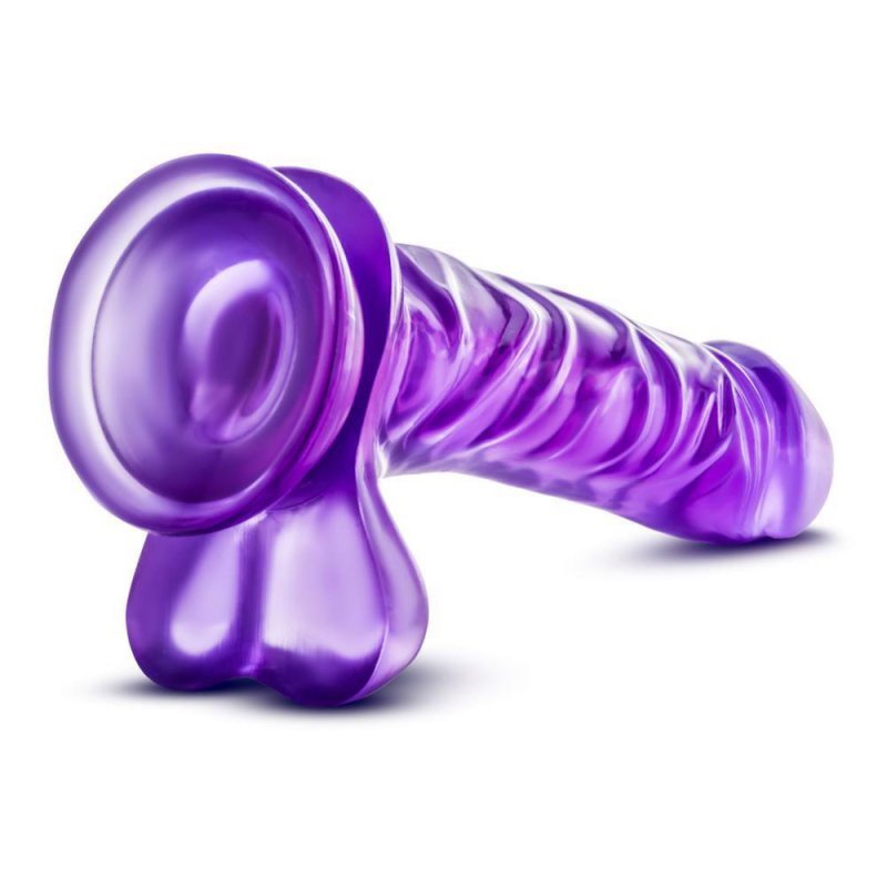 Penis dildo z jajkami na przyssawce żelowe fioletowe 19 cm