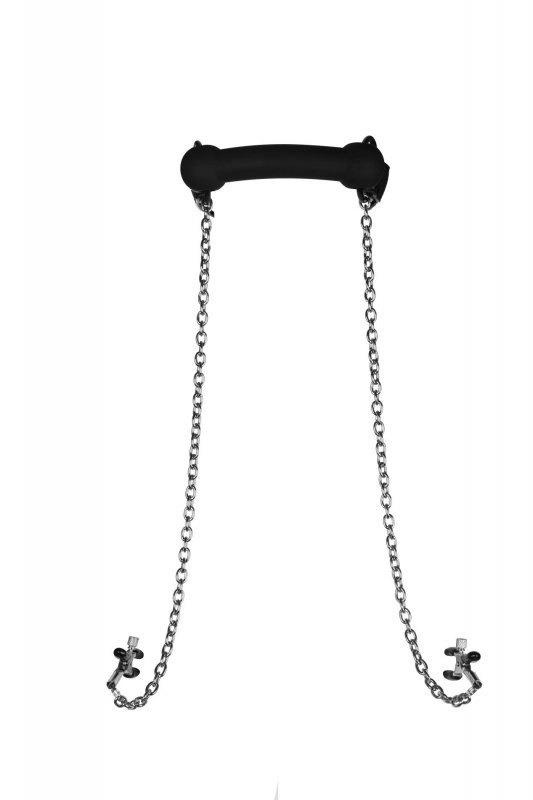 Silicone Bit Gag with Nipple Clamps - Black