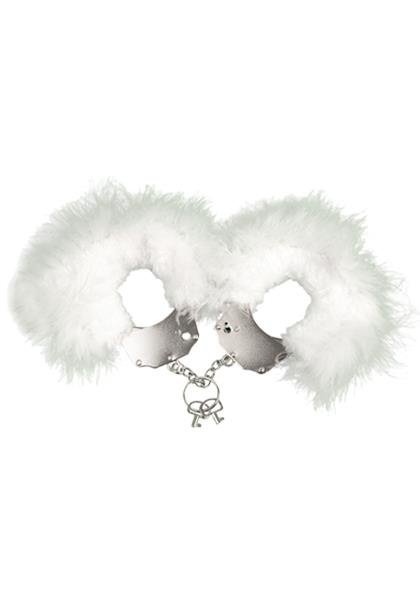 Kajdanki metalowe Metallic feather z białym futrem