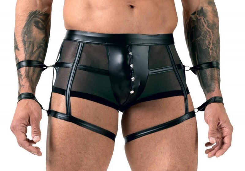 Majtki bokserki męskie z kajdankami BDSM czarne paski L