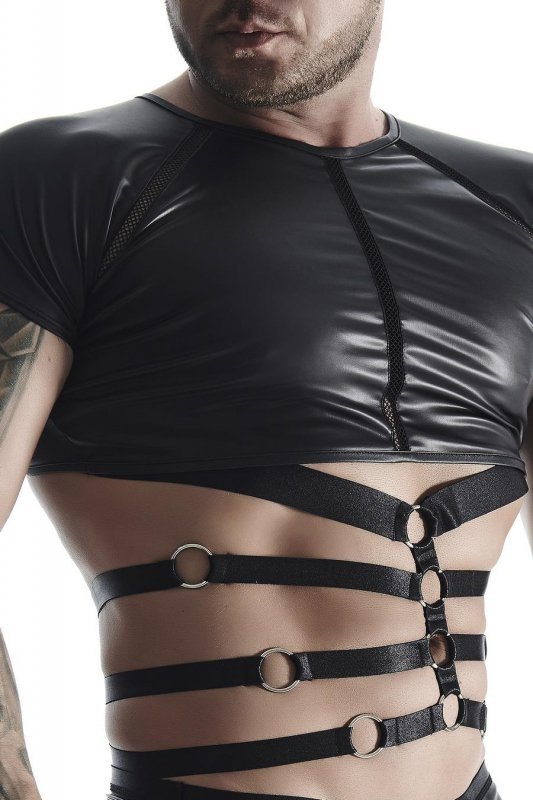 Męski komplet z wetlooka: t-shirt z ozdobną gumą, stringi z ozdobną taśmą z przodu M