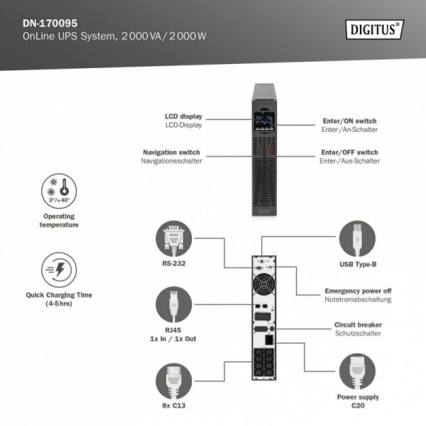 Zasilacz awaryjny UPS Online Rack 19&quot; LCD, 2000VA/2000W, 4x12V/9Ah, 8xC13, USB, RS232, RJ45