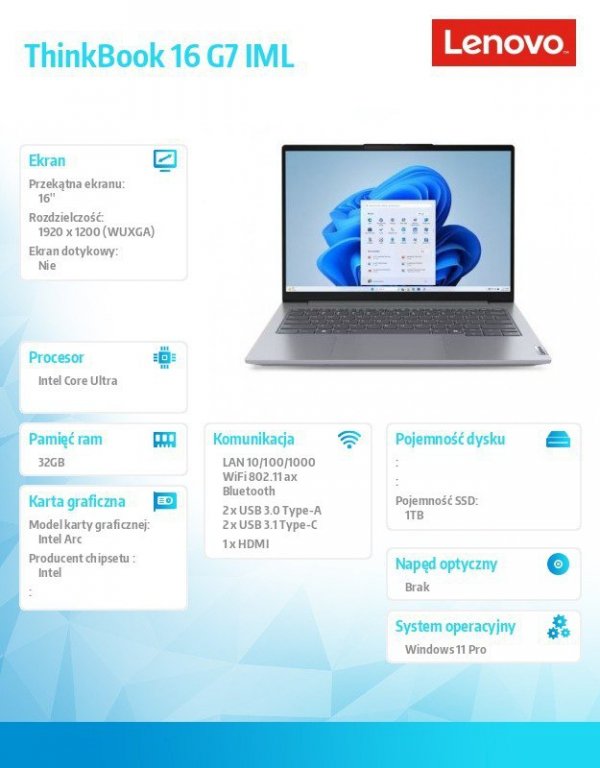Notebook ThinkBook 16 G7 21MS0081PB W11Pro Ultra 7 155H/32GB/1TB/INT/16.0 WUXGA/Arctic Grey/3YRS OS + CO2 Offset