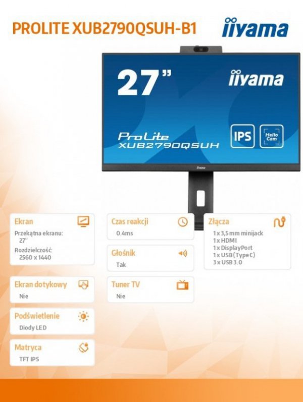Monitor 27 cali XUB2790QSUH-B1 IPS,QHD,CAM,MIC,HDMI,DP,3xUSB(3.2),  100Hz,ADAPTIVE SYNC,FlickerFree,2x2W,WINDOWS HELLO