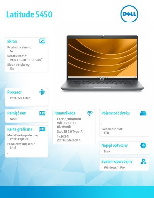Notebook Latitude 5450 Win11Pro Ultra 5 135U/16GB/1TB SSD Gen4/14.0 FHD/Integrated/FgrPr&SmtCd/FHD/IR Cam/Mic/WWANReady4G+BT/Bac