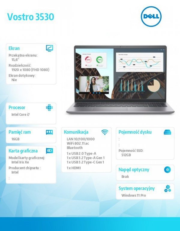 Notebook Vostro 15 (3530) Win11Pro i7-1355U/16GB/512GB SSD/15.6 FHD/Intel Iris Xe/FgrPr/Cam & Mic/WLAN + BT/Backlit Kb/4 Cell/3Y