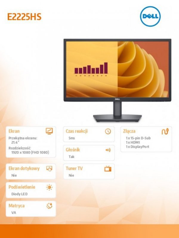 Monitor E2225HS 21.4 cala LED VA FHD/(1920x1080)/16:9/DP/HDMI/VGA/Głośniki/3Y