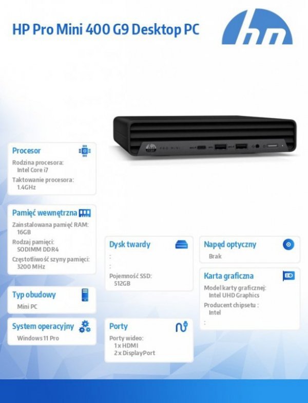 Komputer Mini 400 G9 i7-13700T 16GB/512GB/W11P    936L5EA