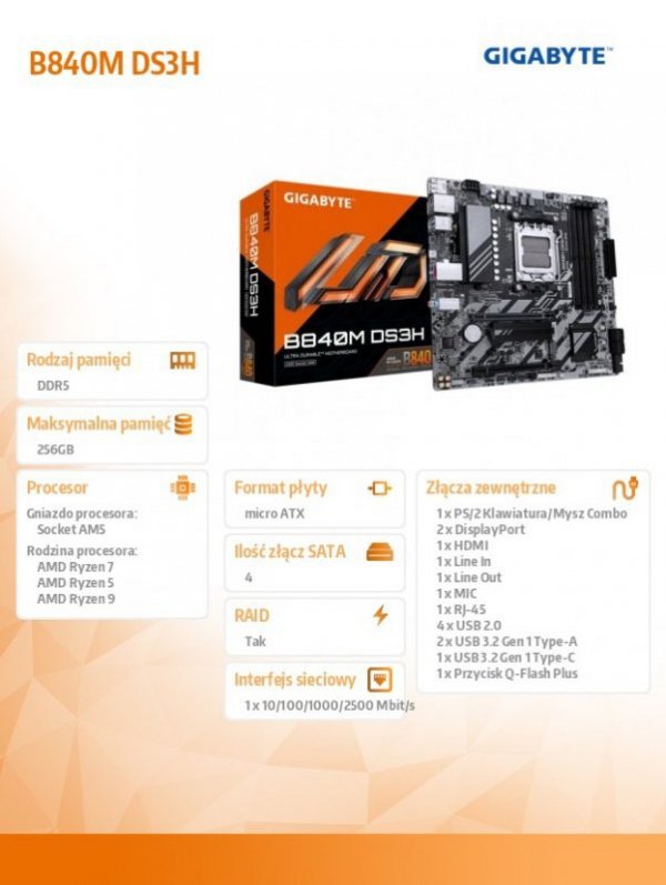 Płyta główna B840M DS3H AM5 4DDR5 HDMI/2DP mATX