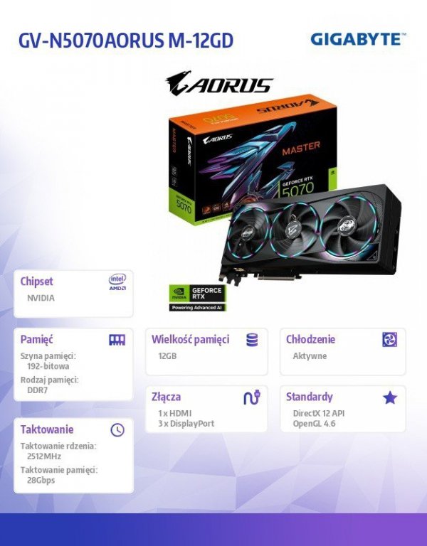 Karta graficzna RTX 5070 AORUS MASTER 12GB GDDR7 192bit HDMI/DP