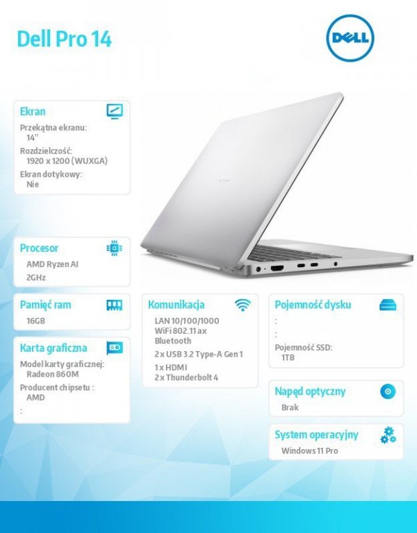 Laptop Dell Pro 14 PC14255/AMD Ryzen AI 7 PRO 350/16GB/1TB/14.0 FHD+/Radeon 860M/FgrPr/FHD/IR Cam/Mic/WLAN+BT/Backlit Kb/3 Cell/W11Pro