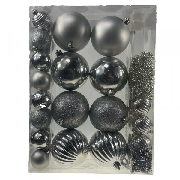 Ozdoby bożonarodzeniowe kpl 32 szt ZESTAW NA CHOINKĘ srebrny