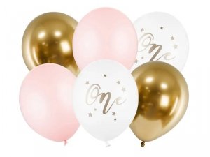 Balony urodzinowe Pastel Pale Pink biały złoty różowy 30cm 5 sztuk