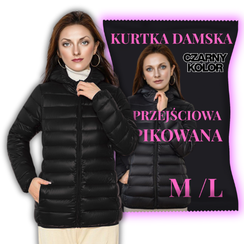 KLASYCZNA DAMSKA JESIENNA PRZEJŚCIOWA KURTKA Z KAPTUREM BLACK PIKOWANA M/L (tds0746)