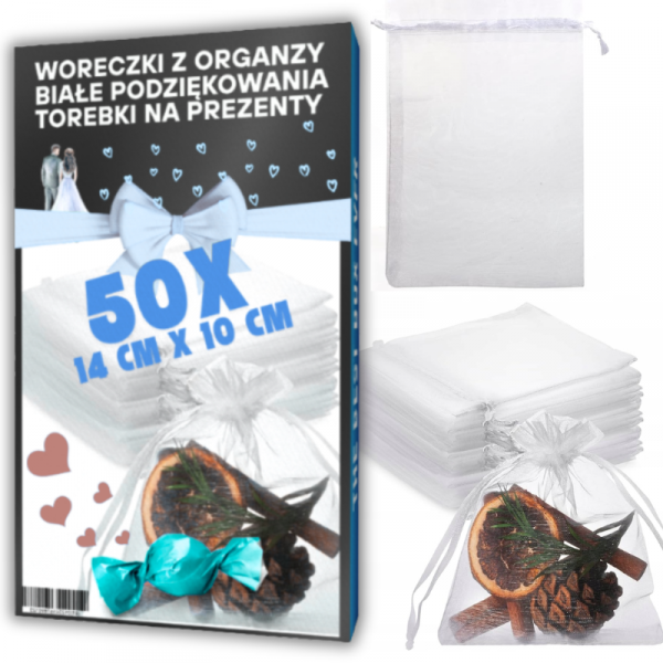 WORECZKI Z ORGANZY BIAŁE PODZIĘKOWANIA TOREBKI NA PREZENTY - 14x10cm 50 SZT (tds0669)