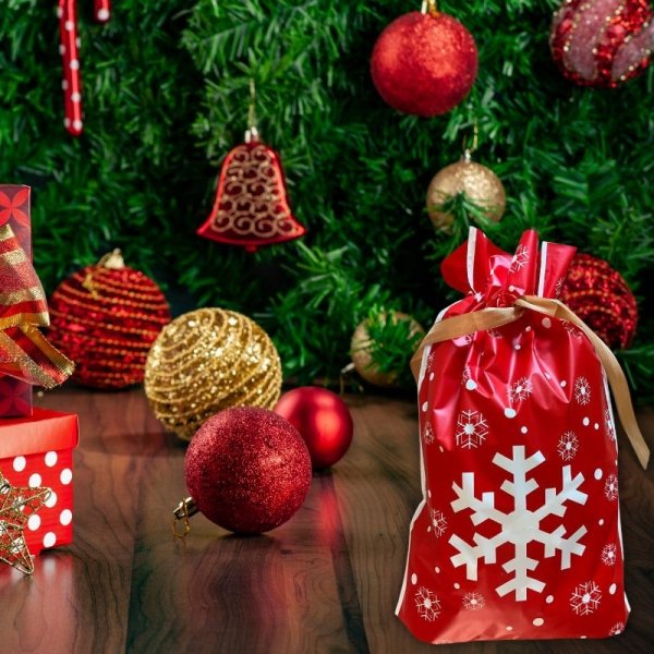 10X WORECZKI ŚWIĄTECZNE Z NADRUKIEM ŚNIEŻYNKI FOLIOWE Z WSTĄŻKĄ WIĄZANE XL (tds0716)