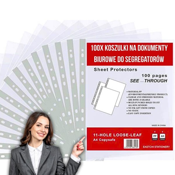 100x - KOSZULKI NA DOKUMENTY BIUROWE DO DOKUMENTÓW SEGREGATORA A4 ( tds0779)