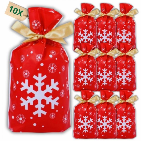 10X WORECZKI ŚWIĄTECZNE Z NADRUKIEM ŚNIEŻYNKI FOLIOWE Z WSTĄŻKĄ WIĄZANE XL (tds0716)