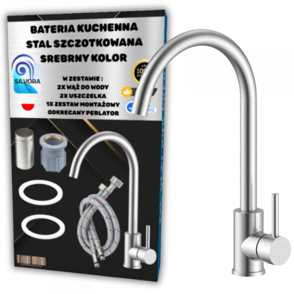 BATERIA KUCHENNA SREBRNA DO KUCHNI KRAN WYLEWKA + 2 WĘŻE - ZESTAW SILVORA (tds0658)