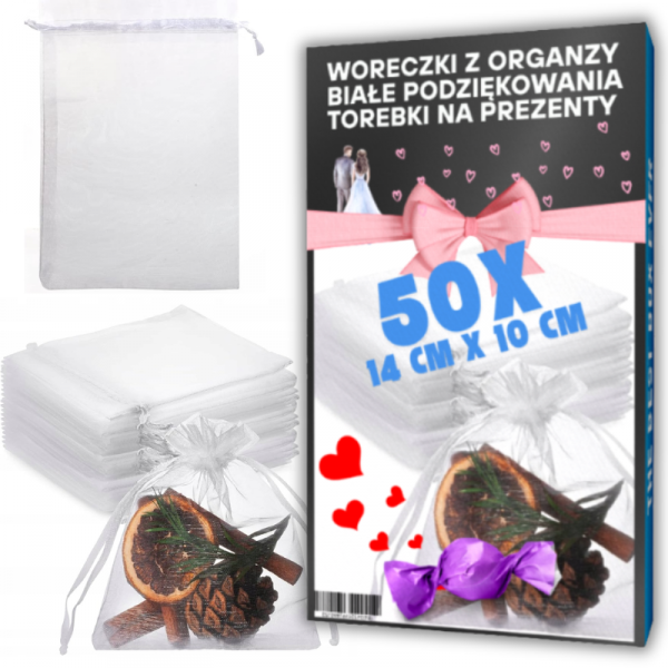 WORECZKI Z ORGANZY BIAŁE PODZIĘKOWANIA TOREBKI NA PREZENTY - 14x10cm 50 SZT (tds0669)
