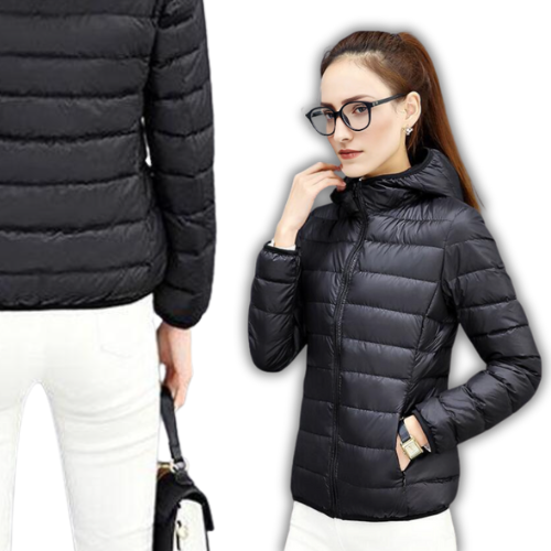 KLASYCZNA DAMSKA JESIENNA PRZEJŚCIOWA KURTKA Z KAPTUREM BLACK PIKOWANA M/L (tds0746)