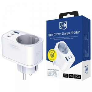 3MK Adapter sieciowy Hyper Charger 30W 1xUSB-A 2xUSB-C 1x Schuko PD  QC 3.0 białt