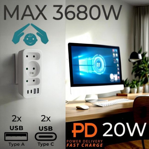 Maclean Rozdzielacz na 3 gniazda MCE248 F/W 2xUSB-A 2xUSB-C biały