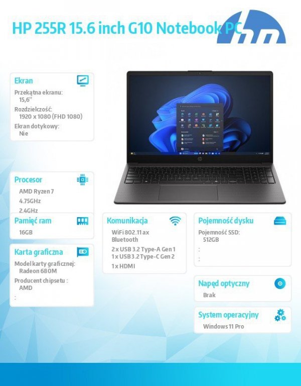 HP Inc. Notebook 255R G10 R7-7735U 512GB/16GB/W11P/15,6 cali D4TJ0ET