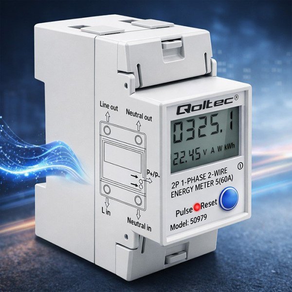 Qoltec Jednofazowy elektroniczny licznik zużycia energii na szynę DIN | RESET | licznik okresowy i stały | 230V | 60A | LCD | LE