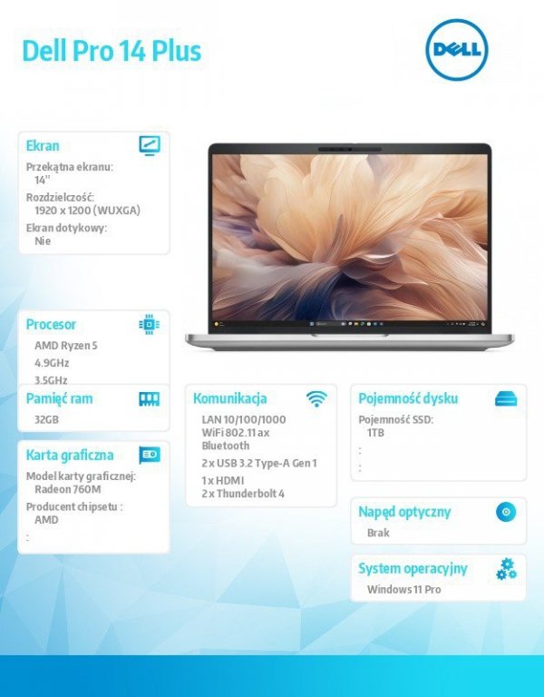 Dell Laptop Dell Pro 14 Plus PB14255 W11P Ryzen 5 PRO 230/32GB/1TB/FPr&SmtCd,RJ-45/FHD IRCam&Mic/WLANonly+BT/14.0 FHD+ 400nit/76