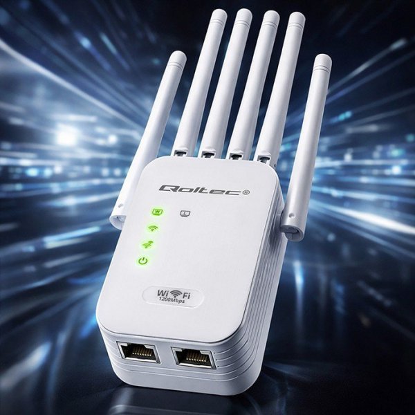 Qoltec Wzmacniacz syganłu WiFi 5 | Repeater | Access Point | AC1200 Mb/s| 6 anten | 2xRJ45 | 128MB