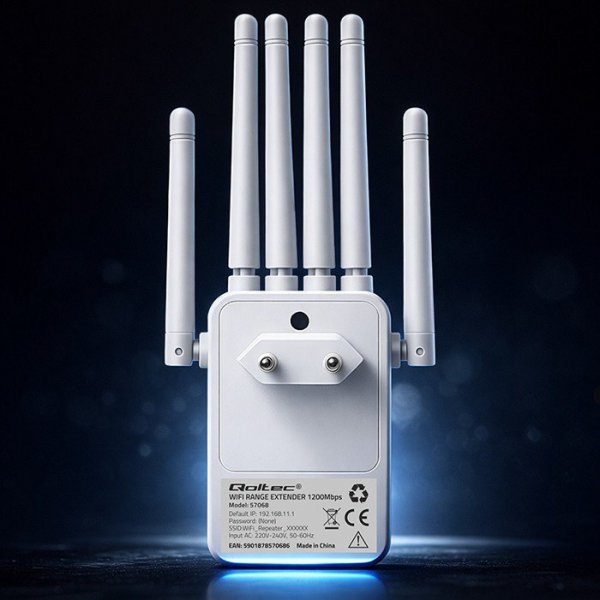 Qoltec Wzmacniacz syganłu WiFi 5 | Repeater | Access Point | AC1200 Mb/s| 6 anten | 2xRJ45 | 128MB
