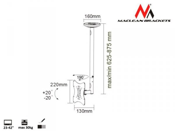 Maclean Uchwyt do telewizora sufitowy 23-42&quot; 50 - 85 cm 30kg MC-504A B srebrny TV