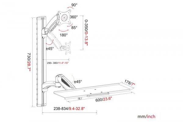 Digitus Ramię naścienne pojedyncze, 1xLCD + klawiatura, max. 27&quot;, max. 8kg, uchylno-obrotowe 360° (PIVOT)