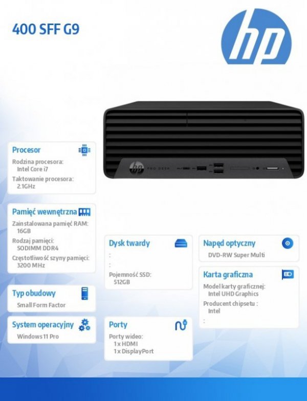 HP Inc. Komputer 400 SFF G9 i7-12700 512GB/16GB/DVD/W11P  6A831EA