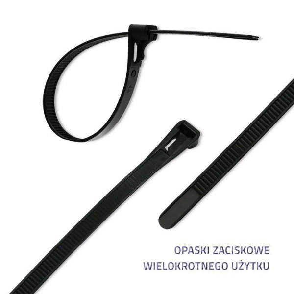 Qoltec Opaski zaciskowe wielorazowe/trytytki | 7.2*400mm | Nylon UV |   Czarne