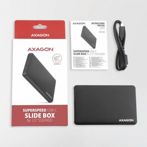 AXAGON EE25-SLC Obudowa zewnętrzna plastikowa, bezśrubowa, USB-C 3.2 GEN 1 SATA 6G 2.5&quot;, czarna