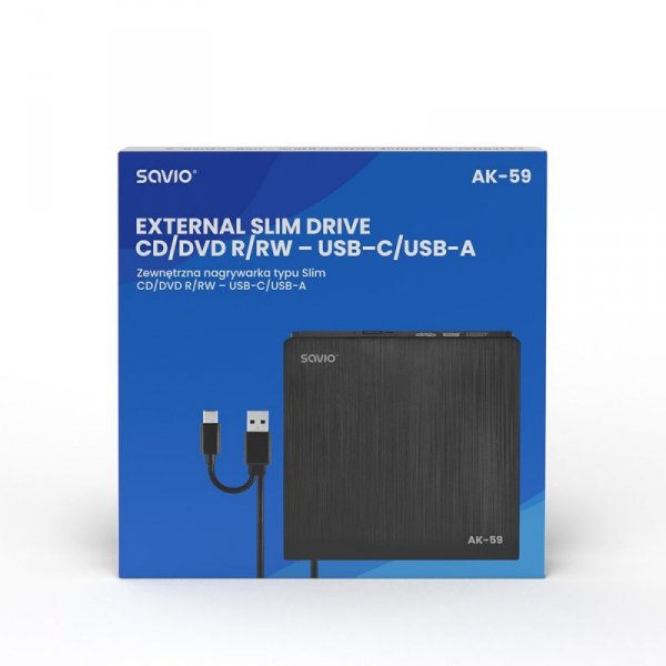 Savio Zewnętrzna nagrywarka typu Slim CD/DVD R/RW, USB-C/USB-A, AK-59