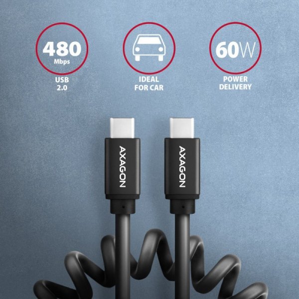 AXAGON BUCM-CM10TB Kabel Twister USB-C - USB-C, 0,6m, USB 2.0, 3A, ALU, PVC Czarny