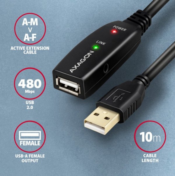 AXAGON ADR-210 USB 2.0 A-M -&gt; A-F aktywny kabel przedłużacz/wzmacniacz 10m