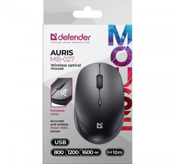 Defender Mysz bezprzewodowa silent click AURIS MB-027 800/1200/1600 DPI czarna
