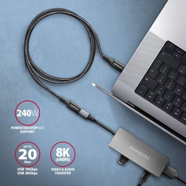 AXAGON BUCM32-CF05AB Kabel przedłużacz Gen2 USB-C - USB-C 0.5m, 5A, 20Gbps, PD 240W, oplot, czarny