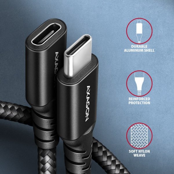 AXAGON BUCM32-CF15AB Kabel przedłużacz Gen2 USB-C - USB-C 1.5m, 5A, 20Gbps, PD 240W, oplot, czarny
