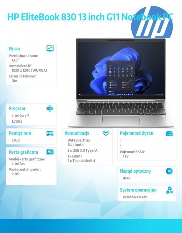 HP Inc. Notebook Elitebook 830 G11 U7-155U 1TB/32GB/W11P/13.3 9G0D6ET
